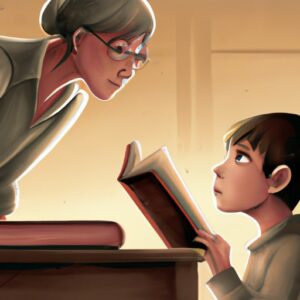 ילד צעיר קורא ספר עם מורה מודאג מתבונן בו