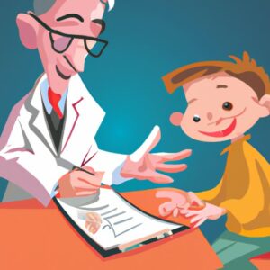 רופא רושם הערות תוך כדי ראיון של ילד על כישורי הקריאה והכתיבה שלו