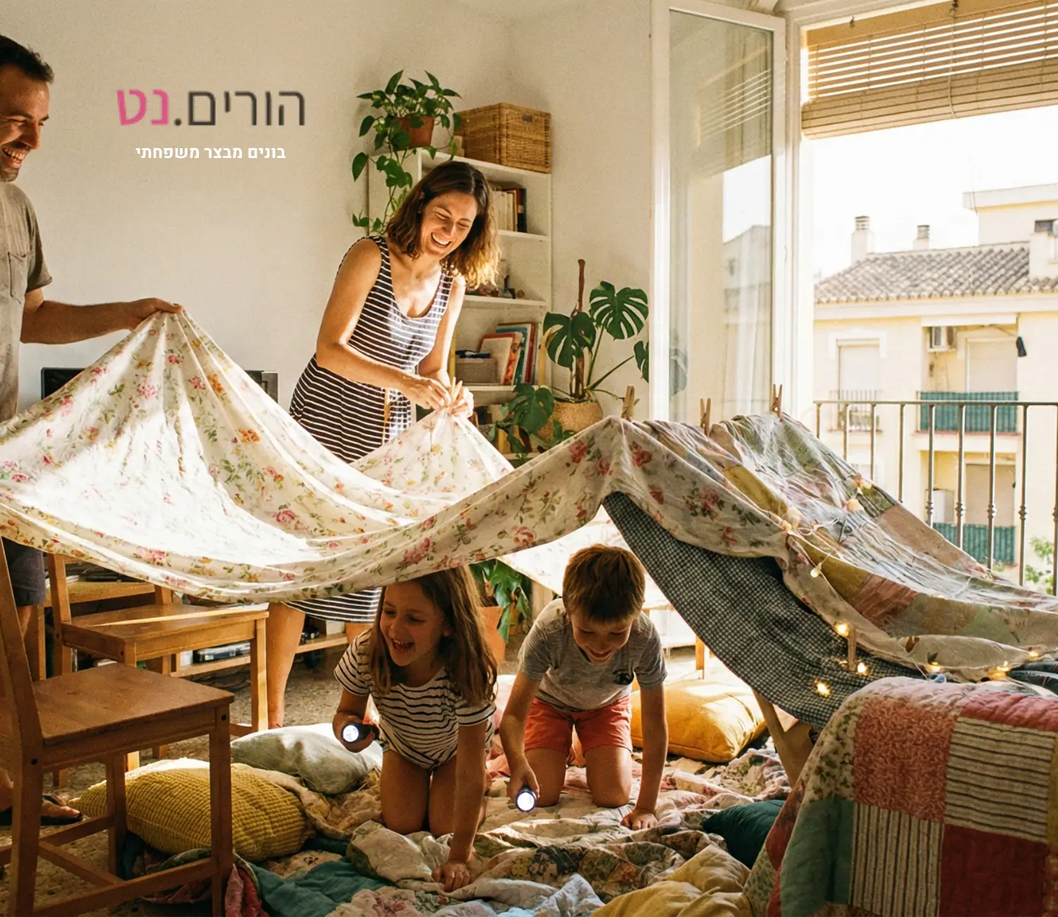 בונים מבצר משפחתי משמיכות ואטבים בפעילות לילדים בחופש הגדול משפחה ישראלית בתל אביב