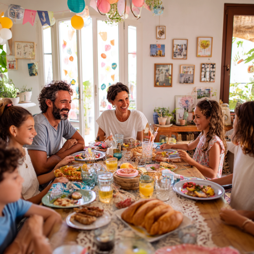 משפחה עורכת מסיבת סיום, חוגגת את סוף החופש גדול עם קישוטים ואוכל